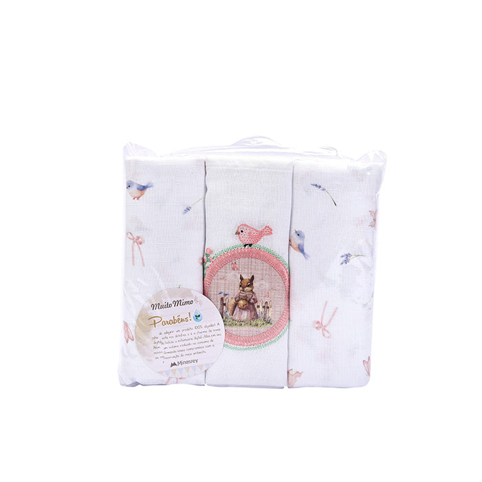 Kit Fralda de Ombro Luxo Muito Mimo Bordada e Estampada 3 Peças