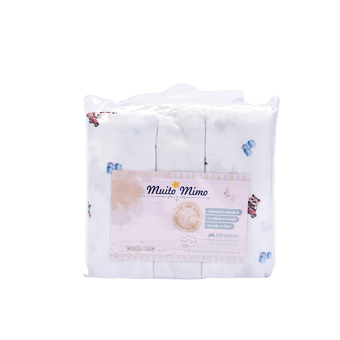 Kit Fralda de Ombro Luxo Muito Mimo Bordada e Estampada 3 Peças