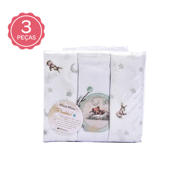 Kit Fralda de Ombro Luxo Muito Mimo Bordada e Estampada 3 Peças