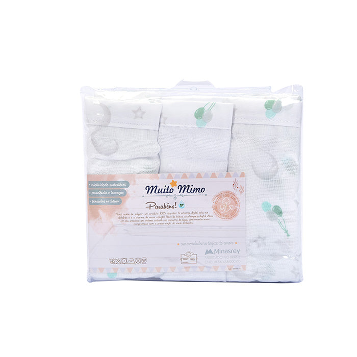 Kit Fralda Muito Mimo Bordada e Estampada 3 Peças