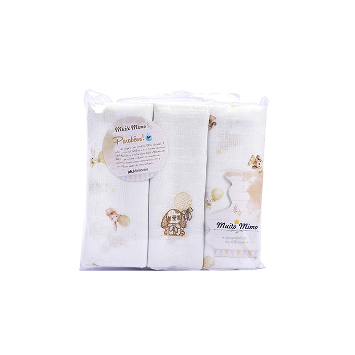 Kit Cueiro de Bebê Flanelado Muito Mimo Bichinhos 3 Peças 80x80cm