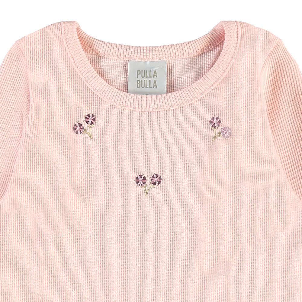 Blusa Infantil Feminina Pulla Bulla Manga Longa Canelada com Bordado Florzinhas