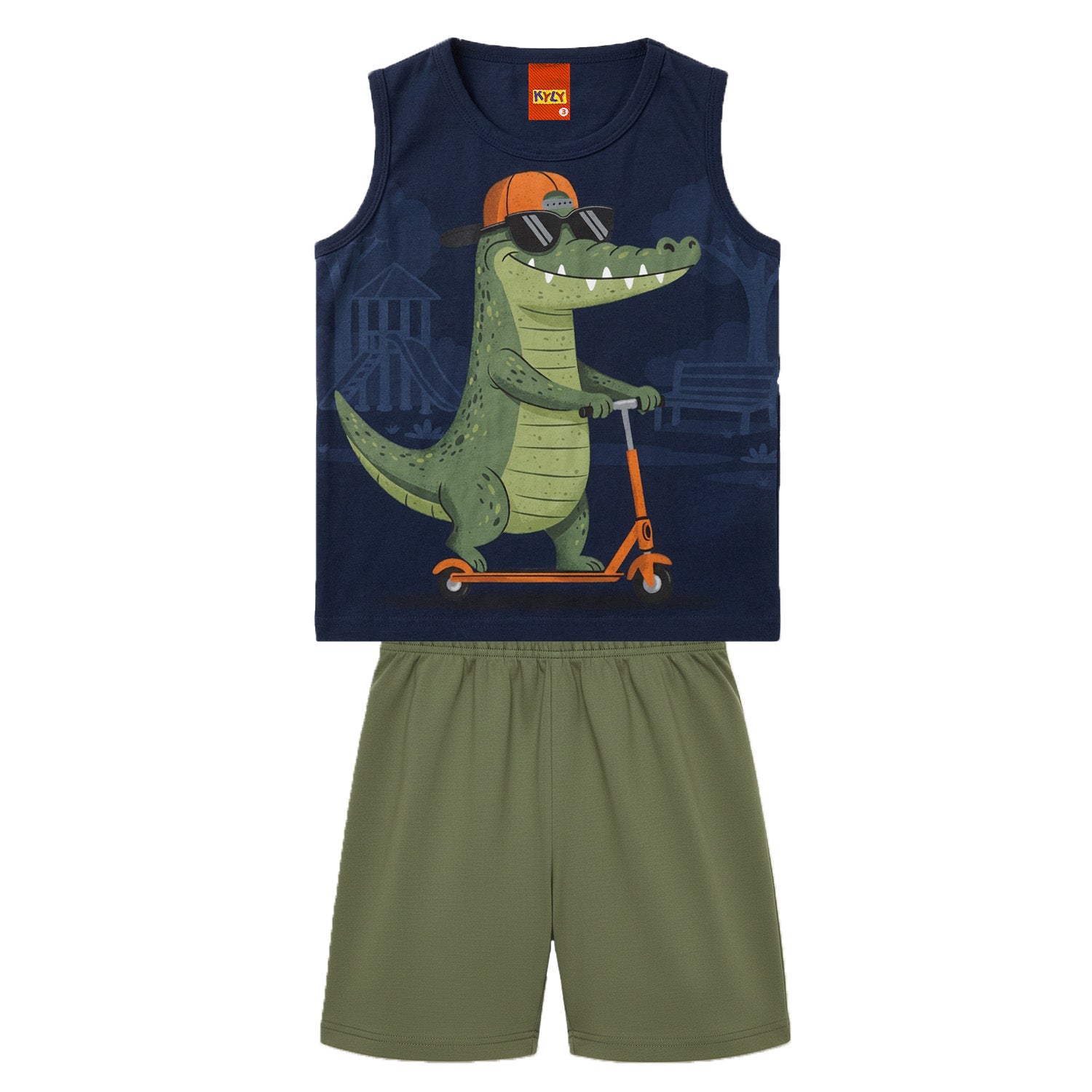 Conjunto Infantil Masculino Kyly Jacaré no Patinete Regata e Bermuda