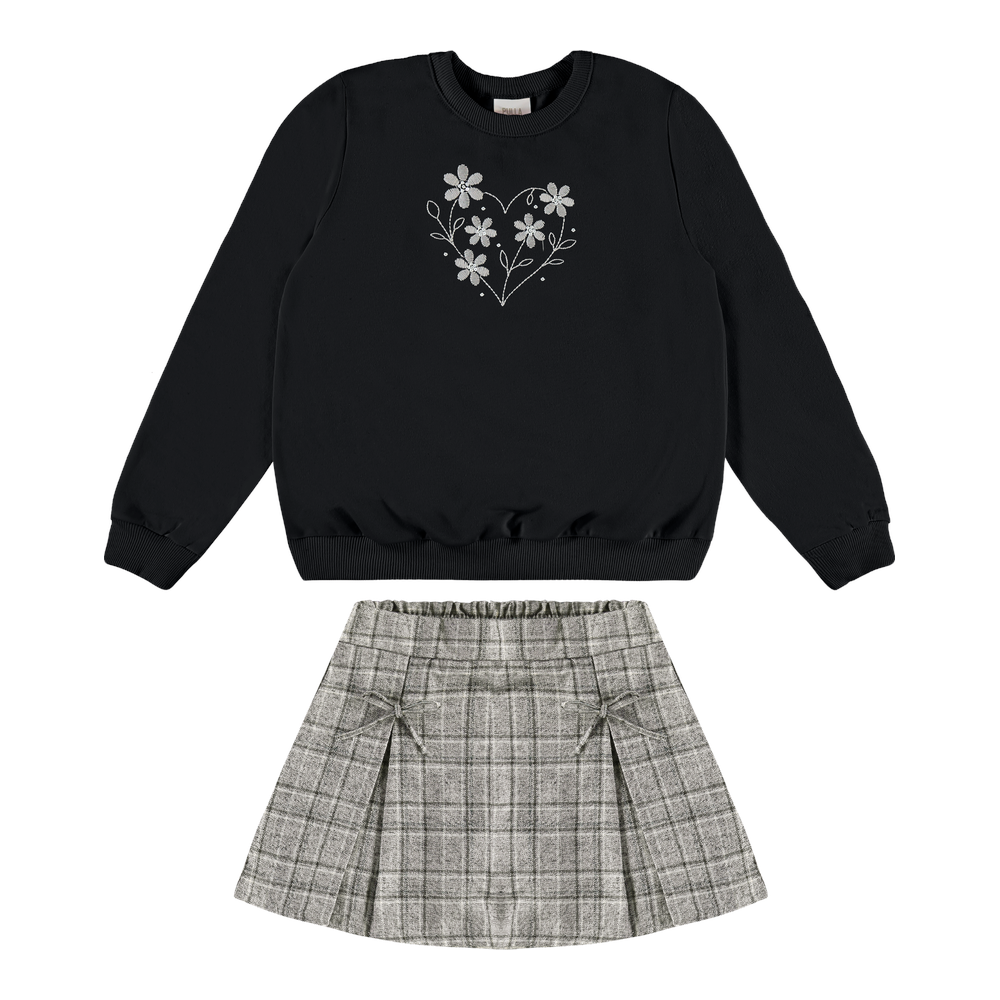 Conjunto Infantil Feminino Pulla Bulla Blusão de Moletom Bordado e Saia Shorts Xadrez