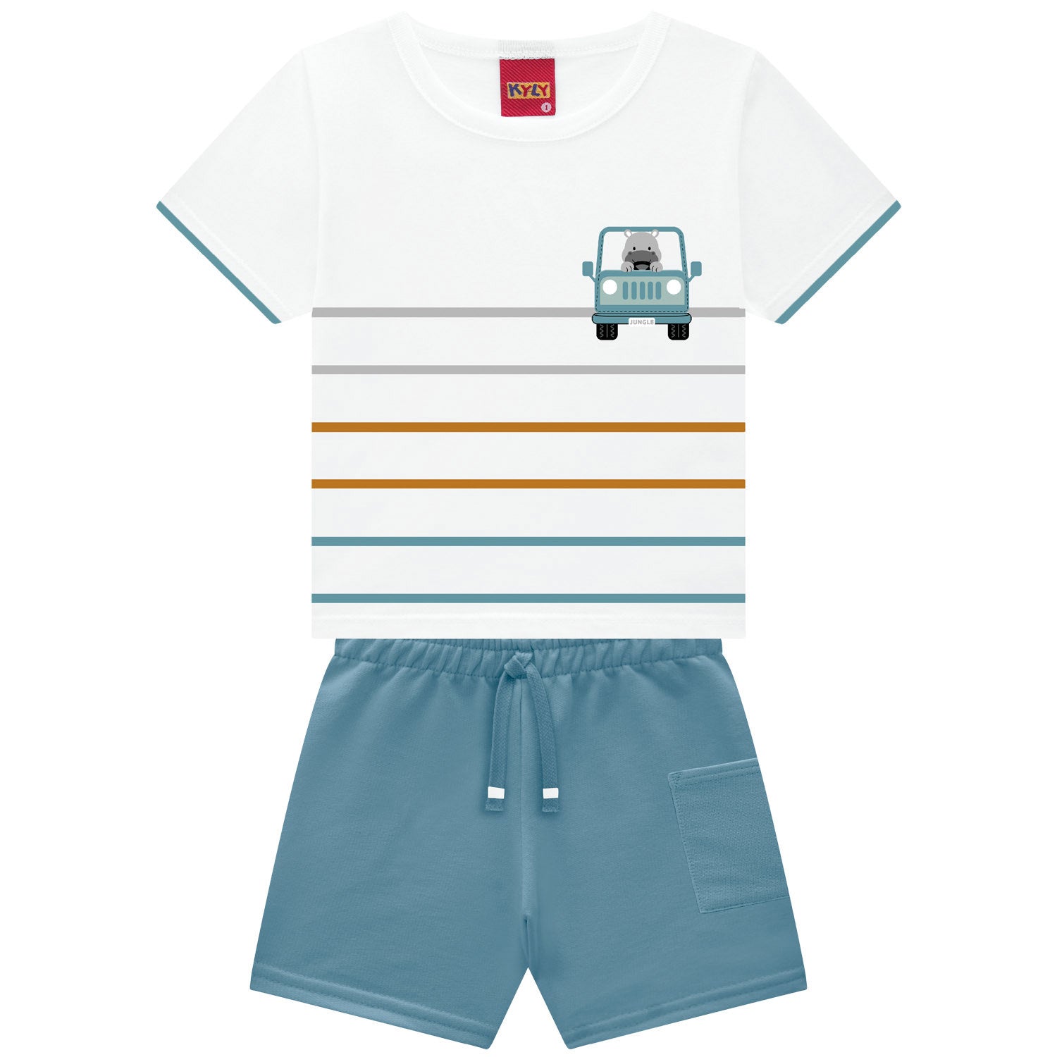 Conjunto Infantil Masculino Kyly Jungle Hipopótamo Camiseta e Bermuda