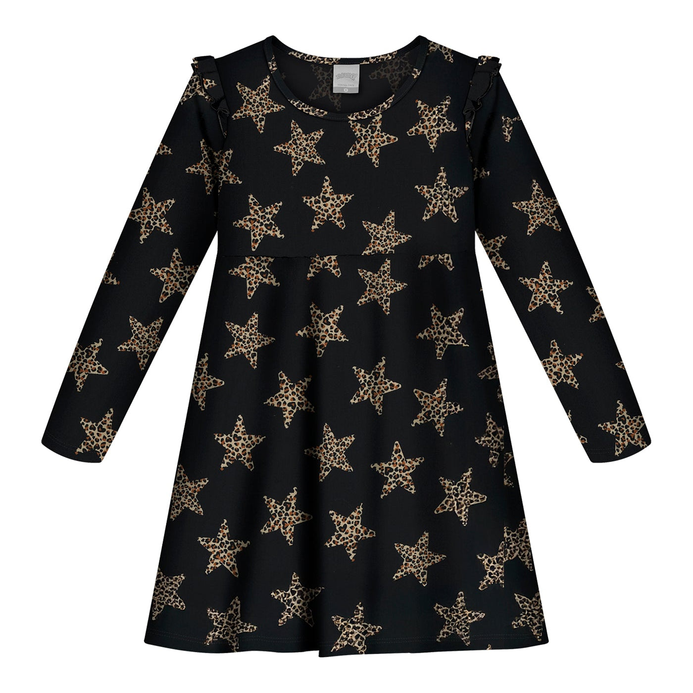 Vestido Infantil Alakazoo Manga Longa Estrelas Animal Print Preto