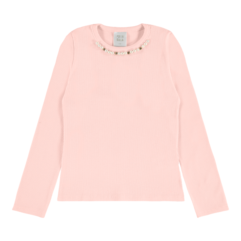 Blusa Infantil Feminina Pulla Bulla Manga Longa Canelada com Aplique de Pérolas