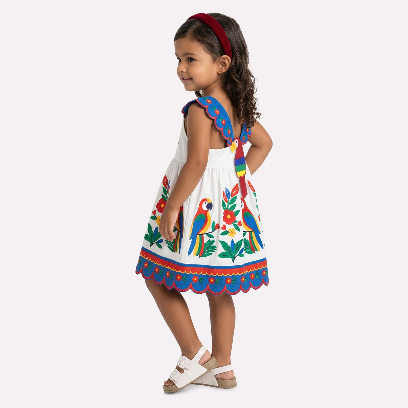 Vestido Infantil Feminino Nanai Araras Bordado com Barrado Ondulado