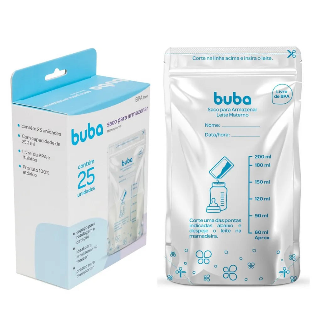 Saco para Armazenar Leite Materno Buba Transparente 250ml 25 Unidades BPA Free