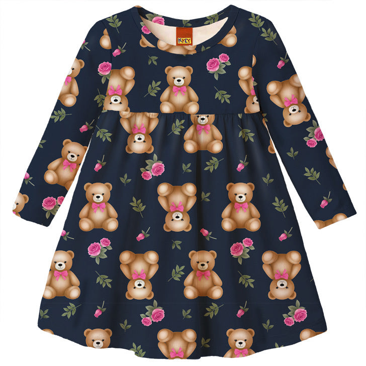 Vestido Infantil Kyly Ursinho Manga Longa Inverno Menina