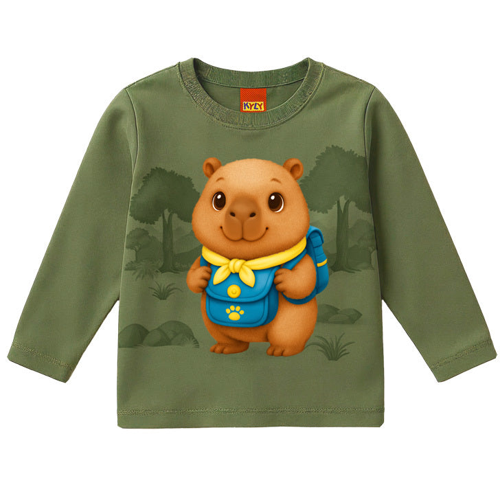 Camiseta Infantil Masculina Kyly Manga Longa em Malha Capivara Exploradora