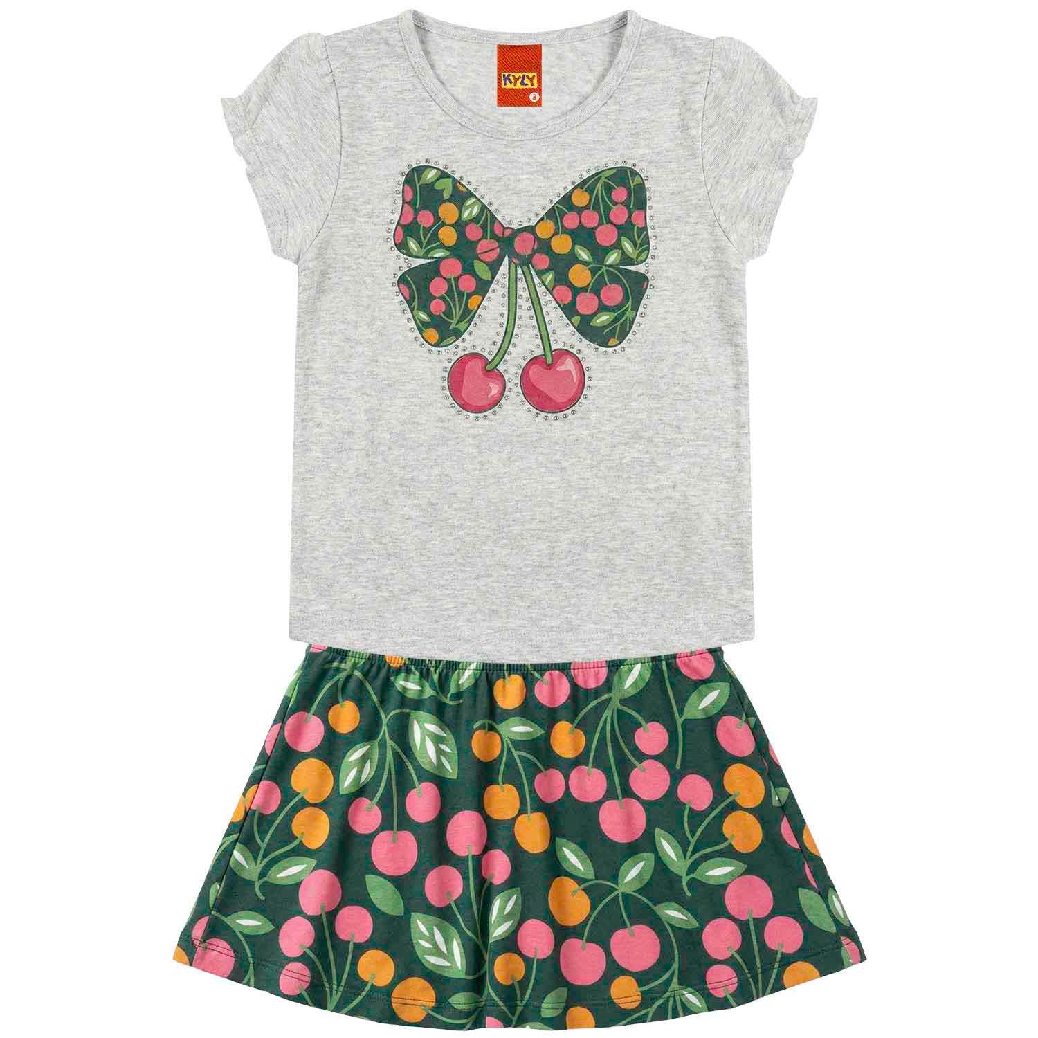 Conjunto Infantil Feminino Kyly Cerejas com Strass - Blusa + Short-Saia