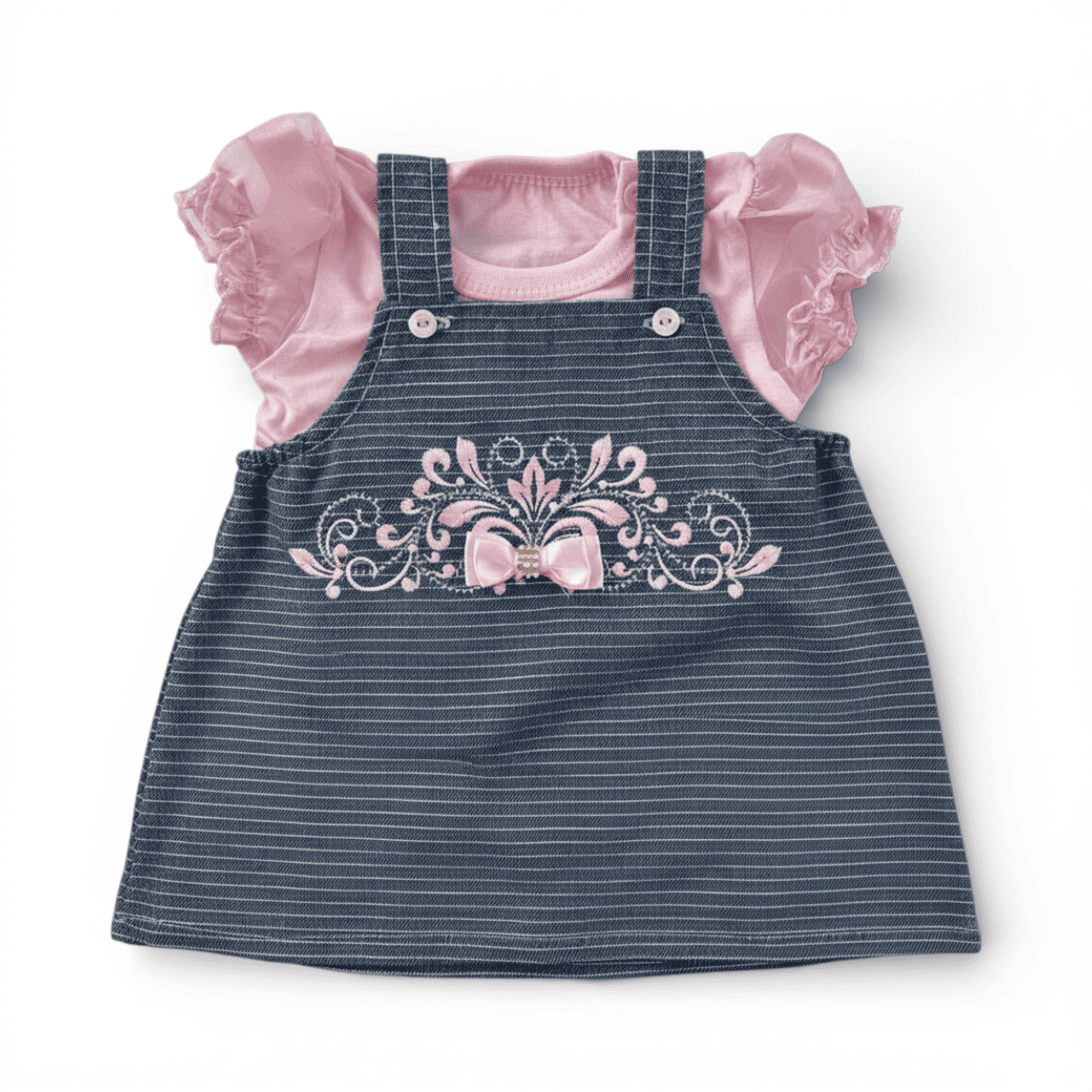 Jardineira Feminina Infantil Brokinha Lacinho e Bordado Com Blusa