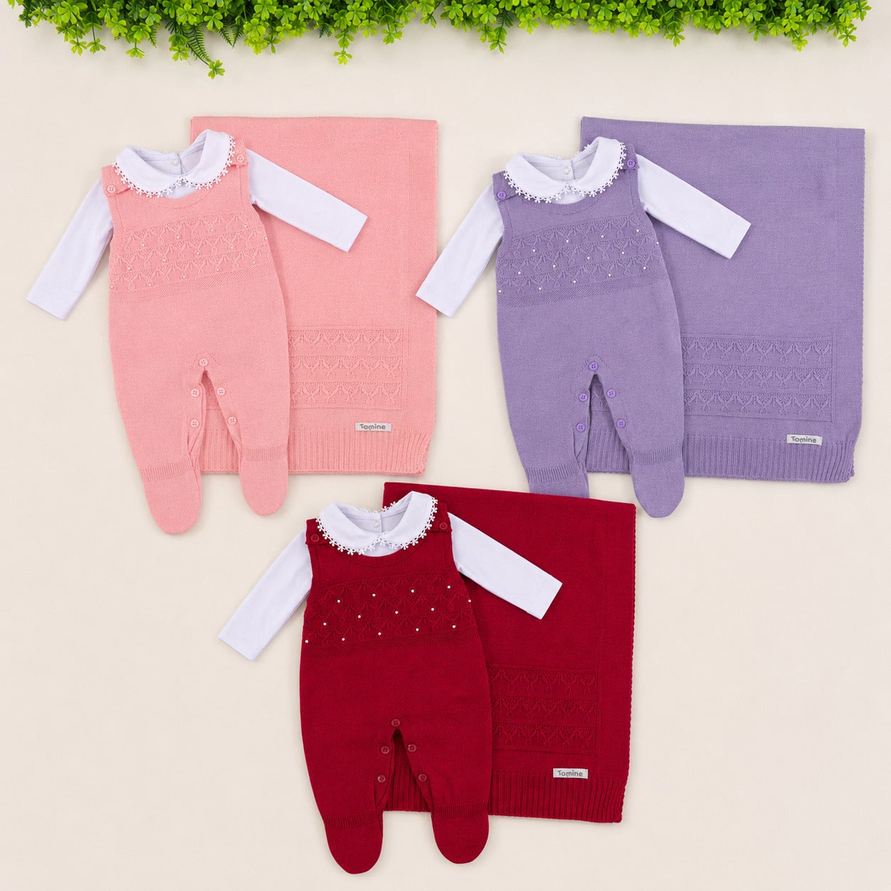 Saída de Maternidade Tamine Baby Naty 3 Pçs - Delicadeza Clássica e Brilho de Pérolas em Tricot Premium