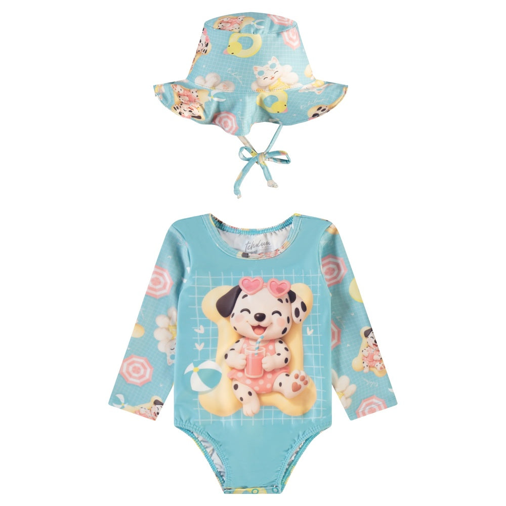Maiô Manga Longa Infantil Baby Kamylus Tchibum Cachorrinha com Chapéu Proteção UV 50+ Dri-Fit