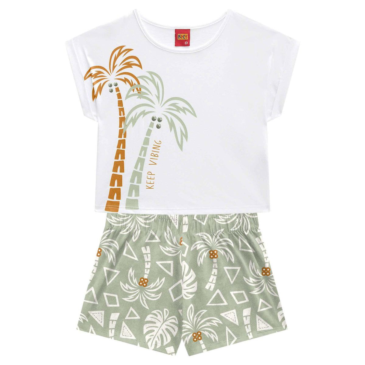 Conjunto Infantil Feminino Camiseta Cropped e Short Kyly Coqueiros