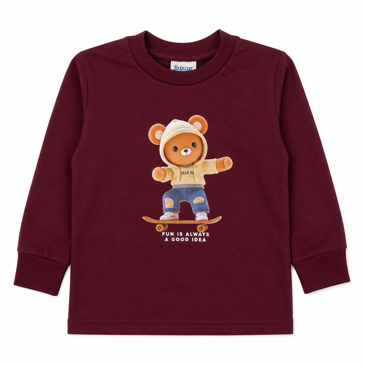 Camiseta Manga Longa Masculina Brincar e Arte Year Ursinho Meia Malha