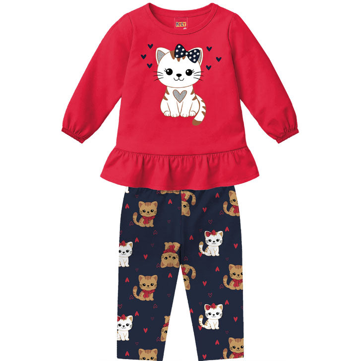 Conjunto Infantil Feminino Kyly Blusa com Babado Gatinha de Laço e Legging