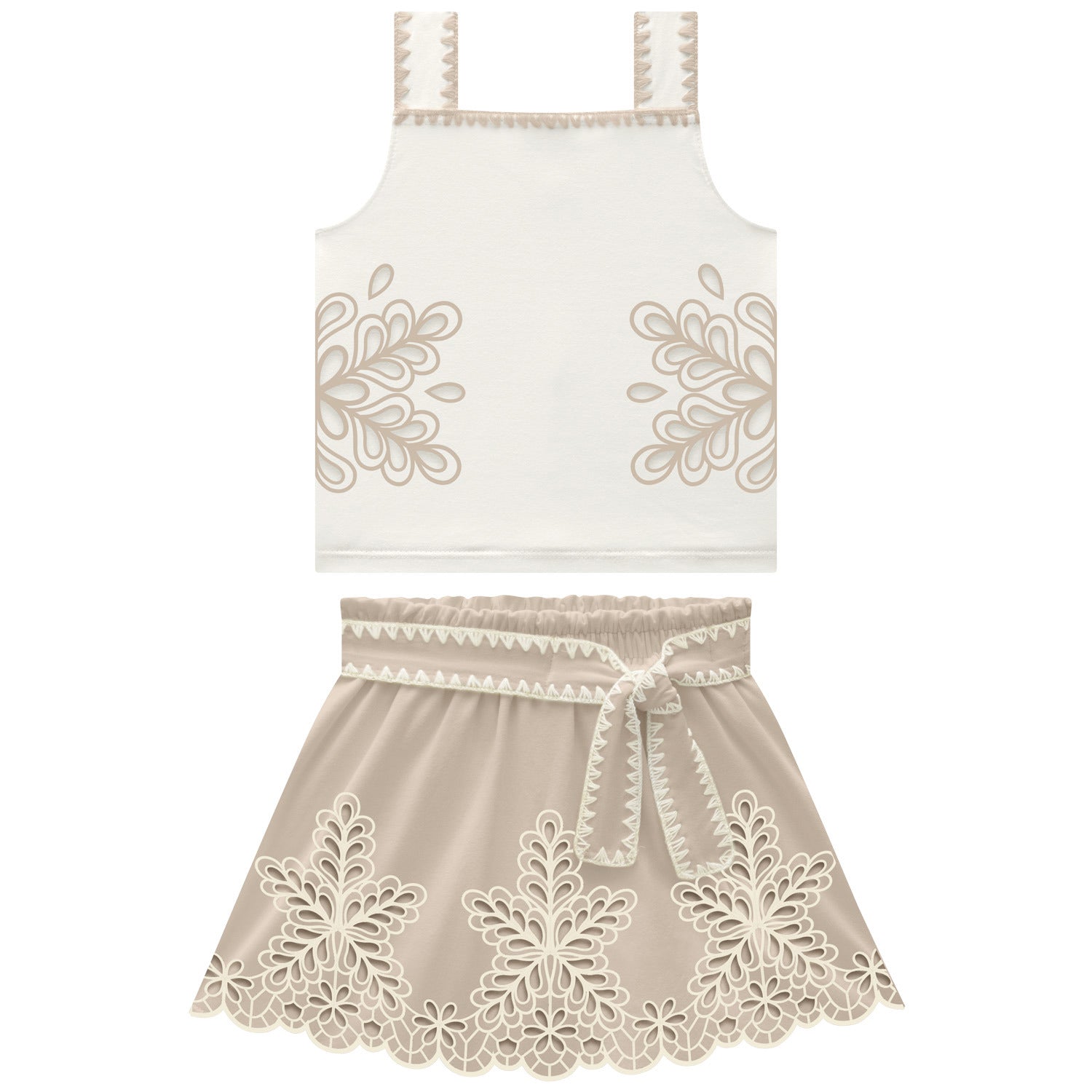 Conjunto Infantil Feminino Milon Floral Vazado  Cropped e Short Saia