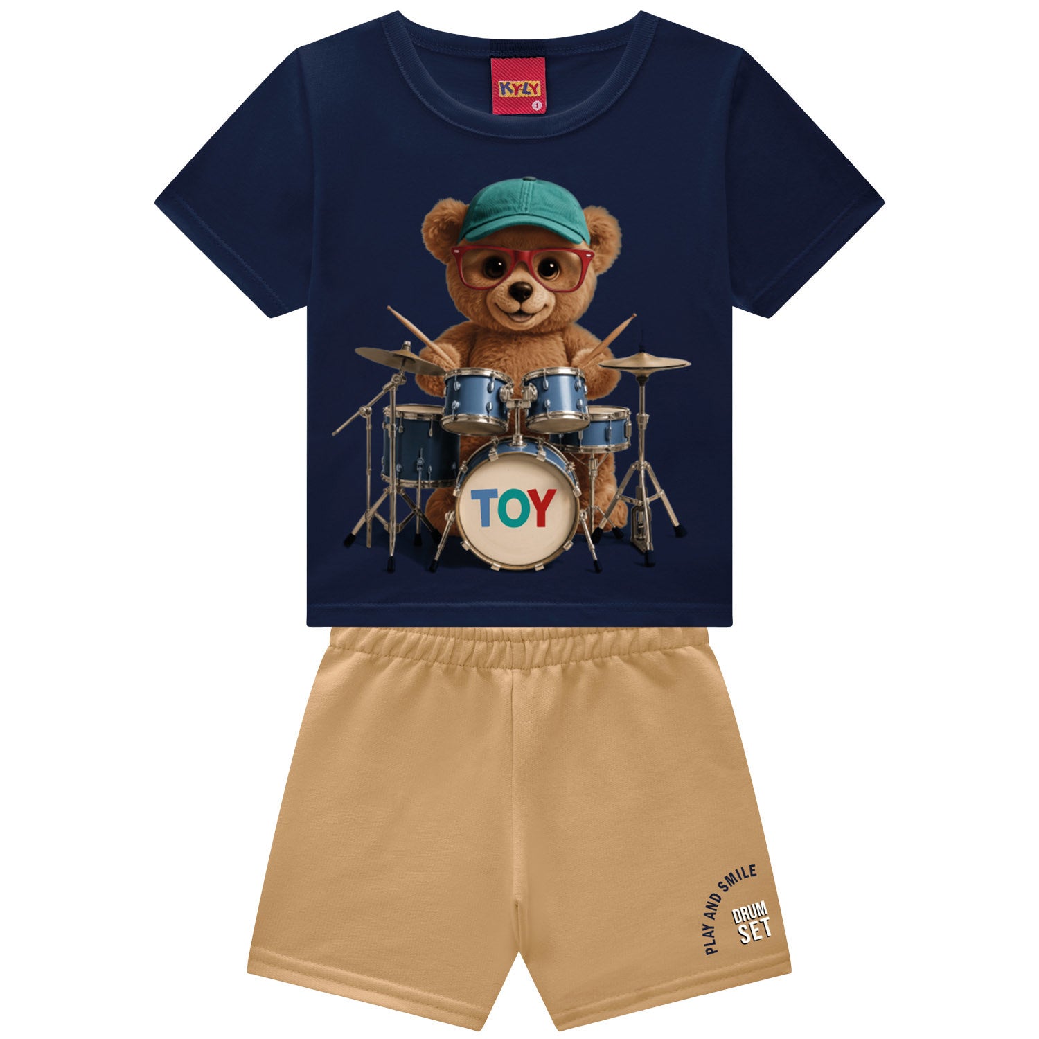 Conjunto Infantil Masculino Kyly Ursinho Baterista Camiseta e Bermuda