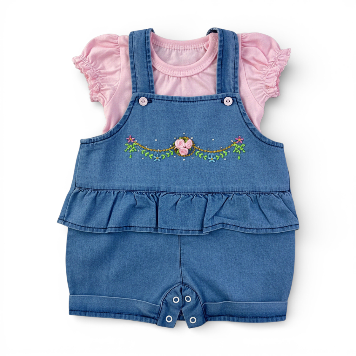 Jardineira Jeans Feminina Infantil Brokinha Florzinha com Strass e Blusa