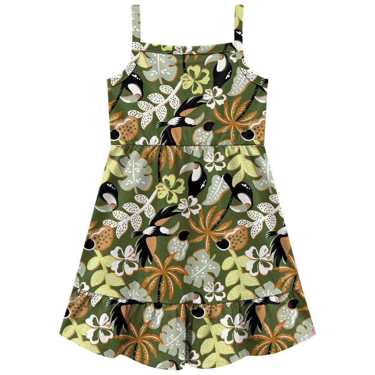 Vestido Infantil Feminino Kyly Estampa Folhas e Tucanos
