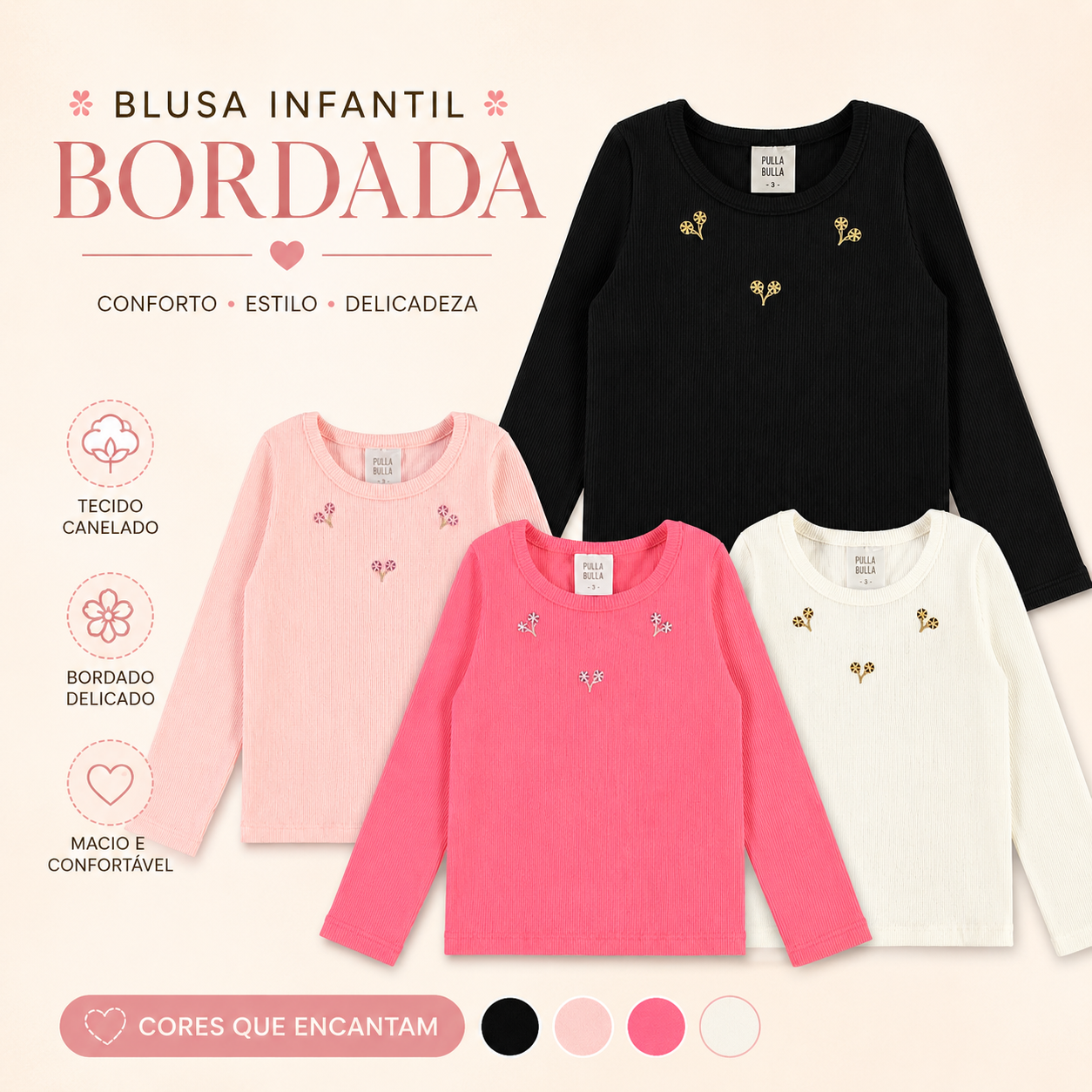 Blusa Infantil Feminina Pulla Bulla Manga Longa Canelada com Bordado Florzinhas