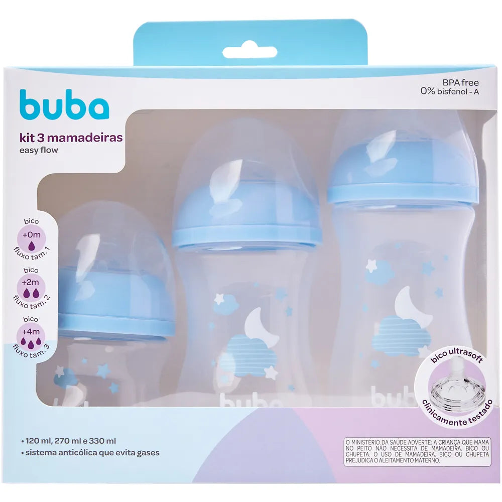 Kit Mamadeiras Buba Easy Flow Nuvem Anticólica com 3 Unidades