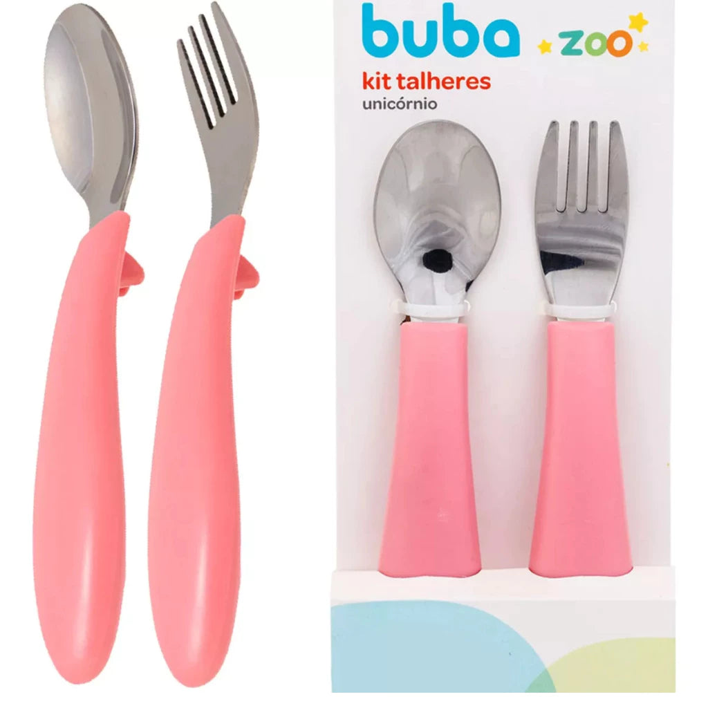 Kit Talheres Infantil Buba Zoo Inox Garfo e Colher com Apoio Higiênico +6 Meses 2 peças