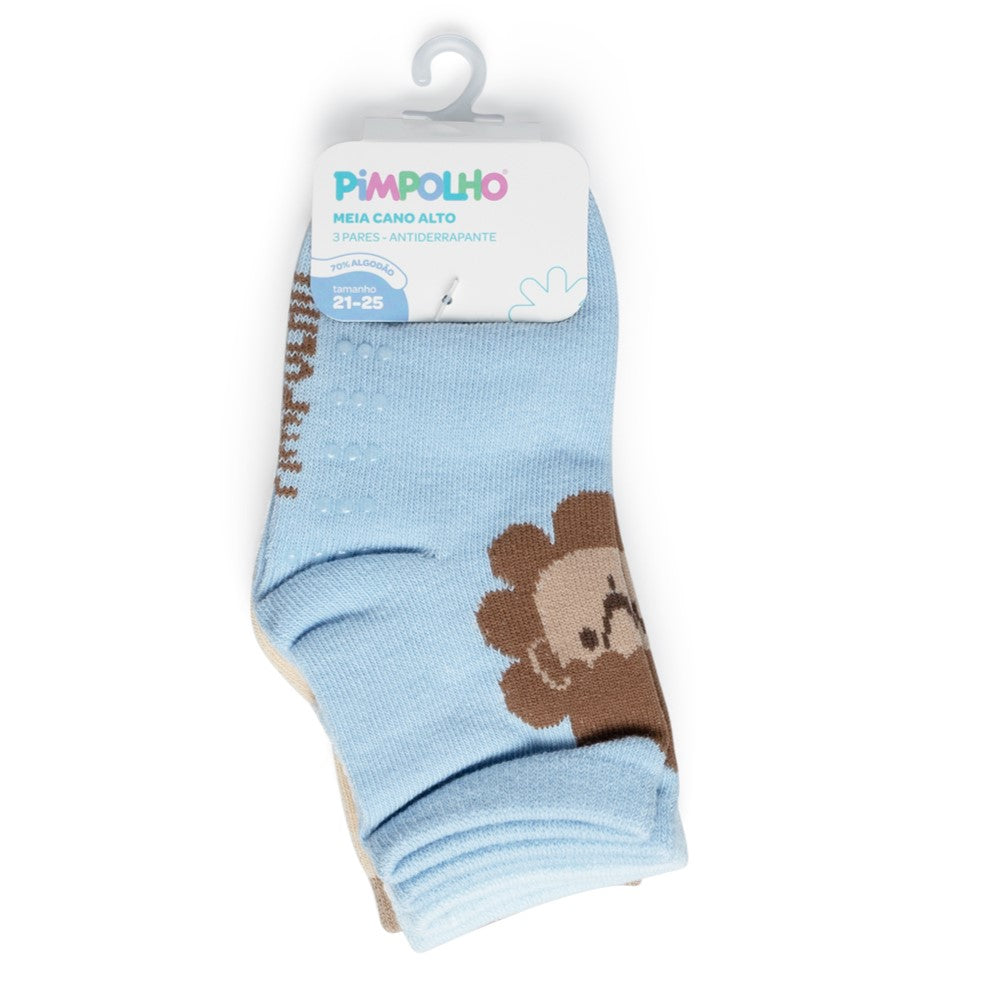 Kit de Meias Infantil Pimpolho Antiderrapante Cano Alto com 3 Pares