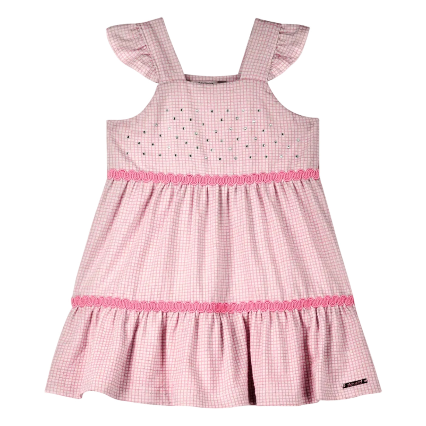 Vestido Infantil Feminino Alakazoo Xadrez Malha Nikko com Strass e Babados