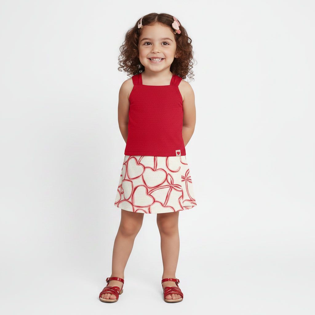 Conjunto Infantil Feminino Alakazoo Cerejas Coração Malha Nikko Cropped e Short-Saia