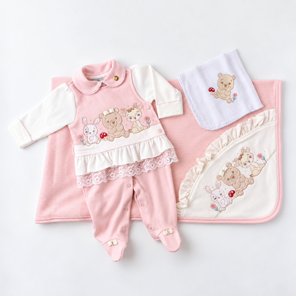 SAIDA DE MATERNIDADE FEM PIPOQUINHAS BABY SUEDINE AMIGUINHAS 3 PCS