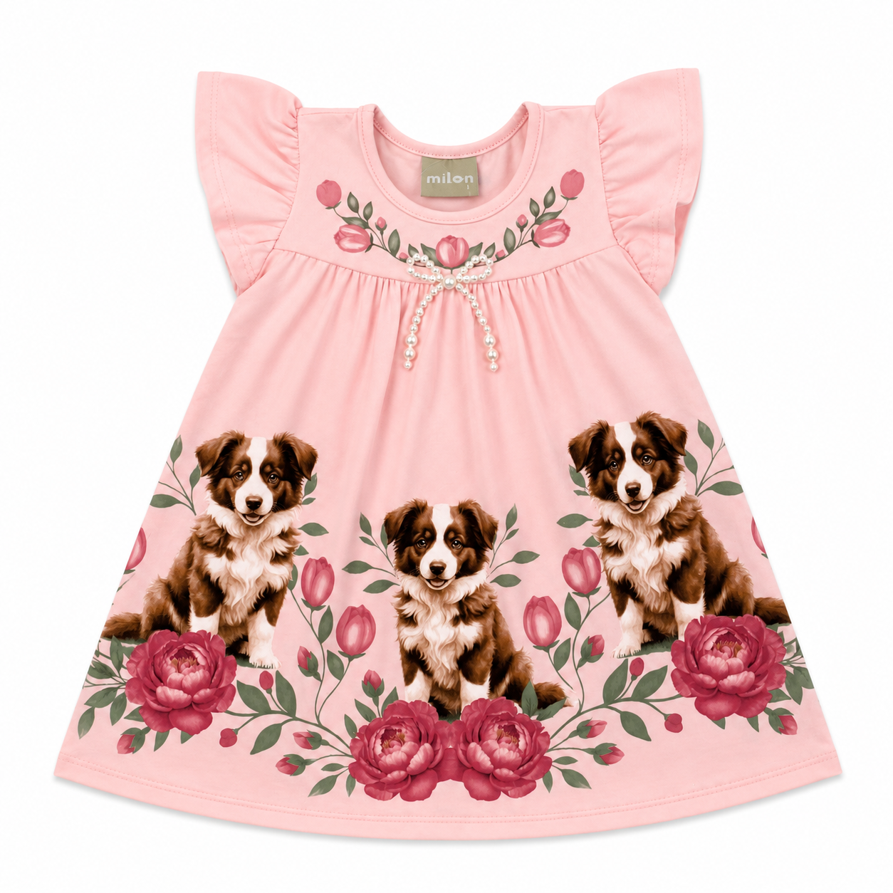 Vestido Milon Cachorrinho Rosa e Lacinho de Pérolas