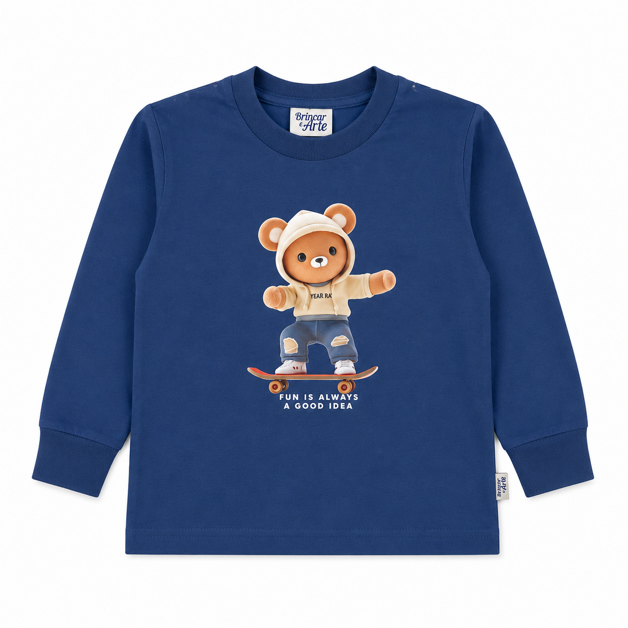 Camiseta Manga Longa Masculina Brincar e Arte Year Ursinho Meia Malha
