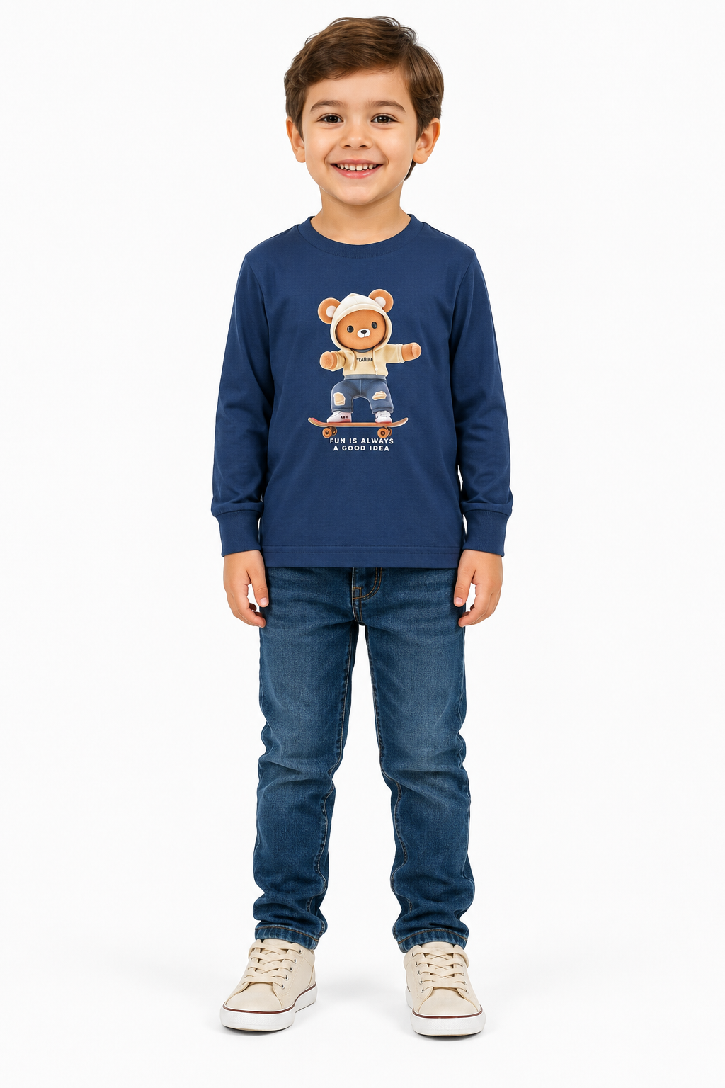 Camiseta Manga Longa Masculina Brincar e Arte Year Ursinho Meia Malha