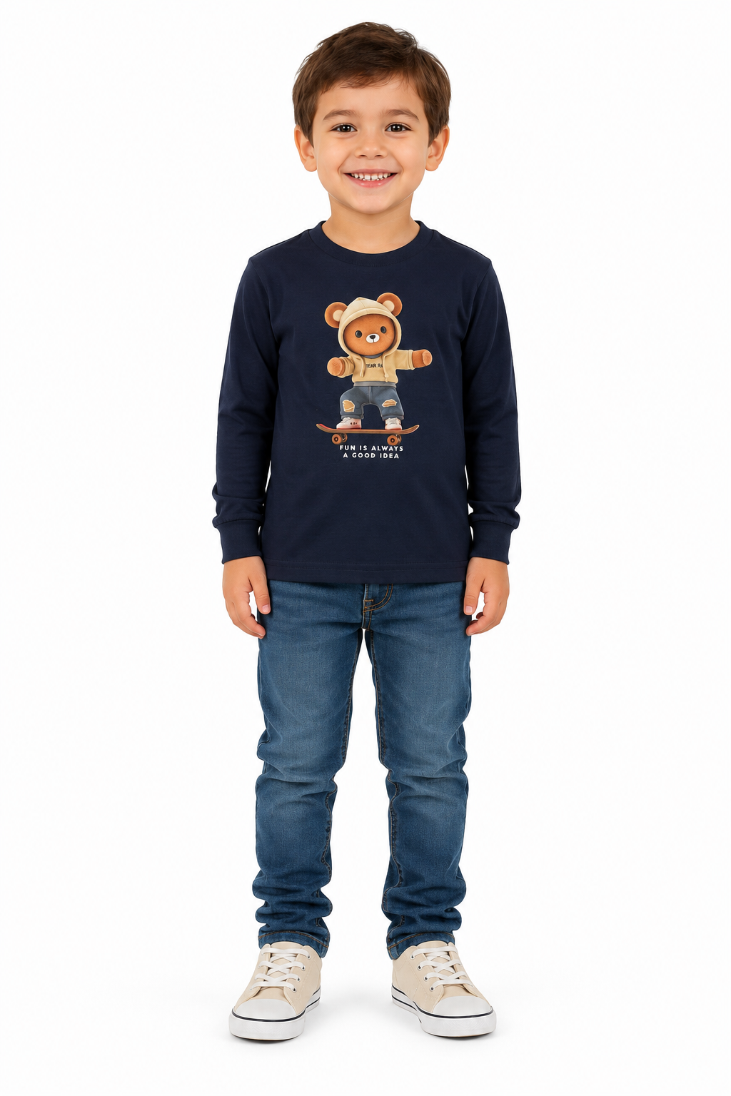Camiseta Manga Longa Masculina Brincar e Arte Year Ursinho Meia Malha
