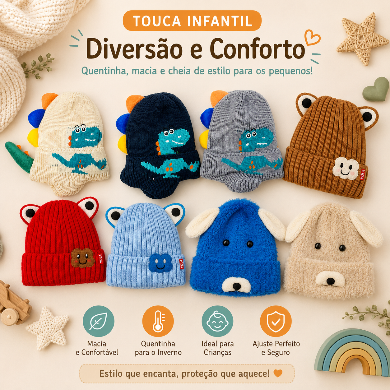 Touca Tigre Modas Tricô Dinossauro – Forrada com Rabinho Lúdico 3D