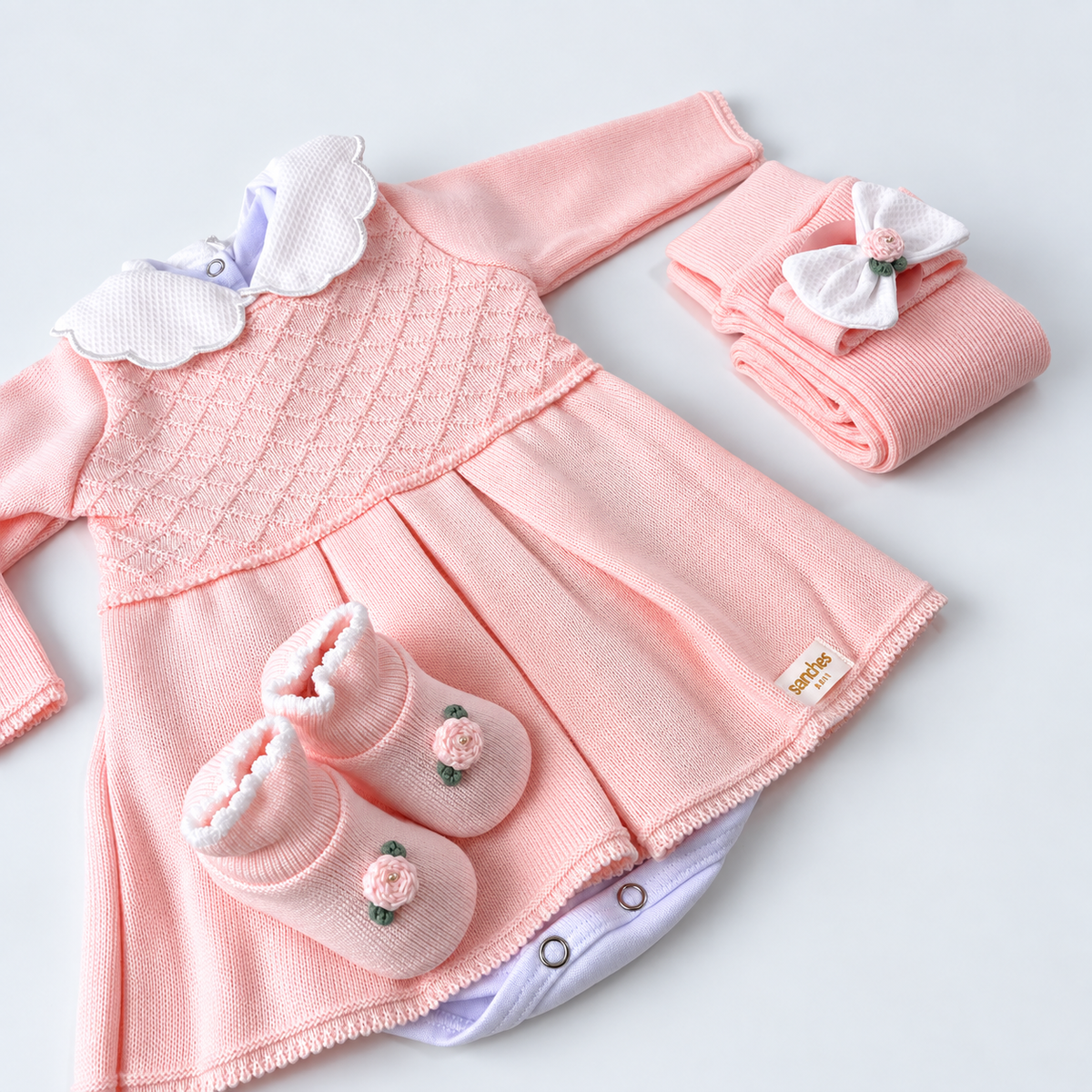 Kit Vestidinho Sanches Baby em Tricot 5 Peças
