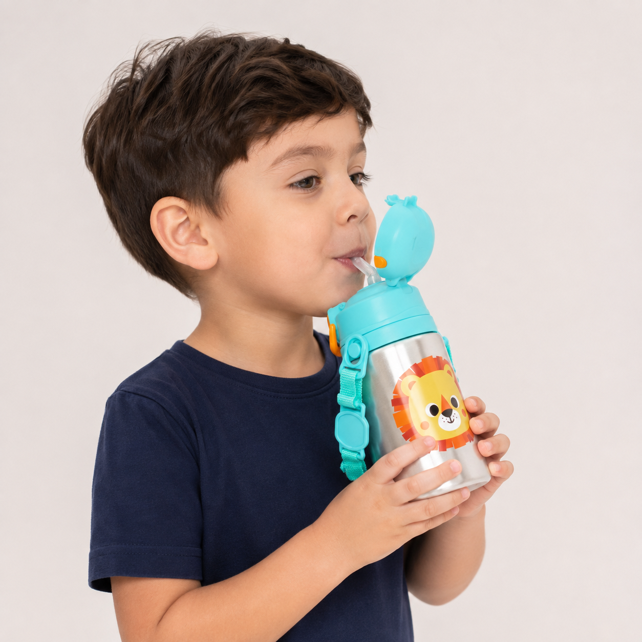 Garrafinha de Alumínio Infantil Buba Zoo 450 ml com Canudo e Cordinha +3 Anos