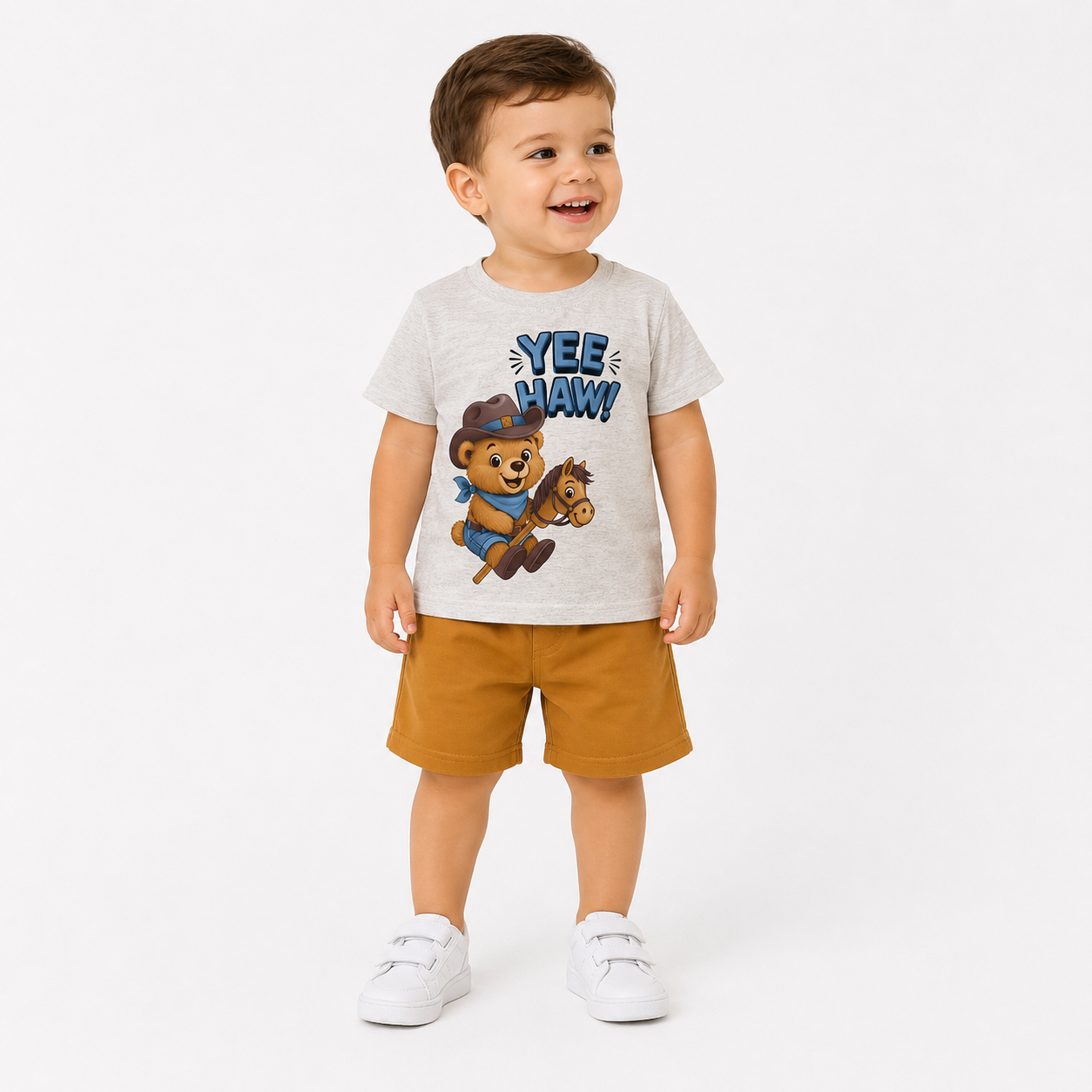 Conjunto Infantil Masculino Kyly Ursinho Yee Haw! - Camiseta + Bermuda Moletinho