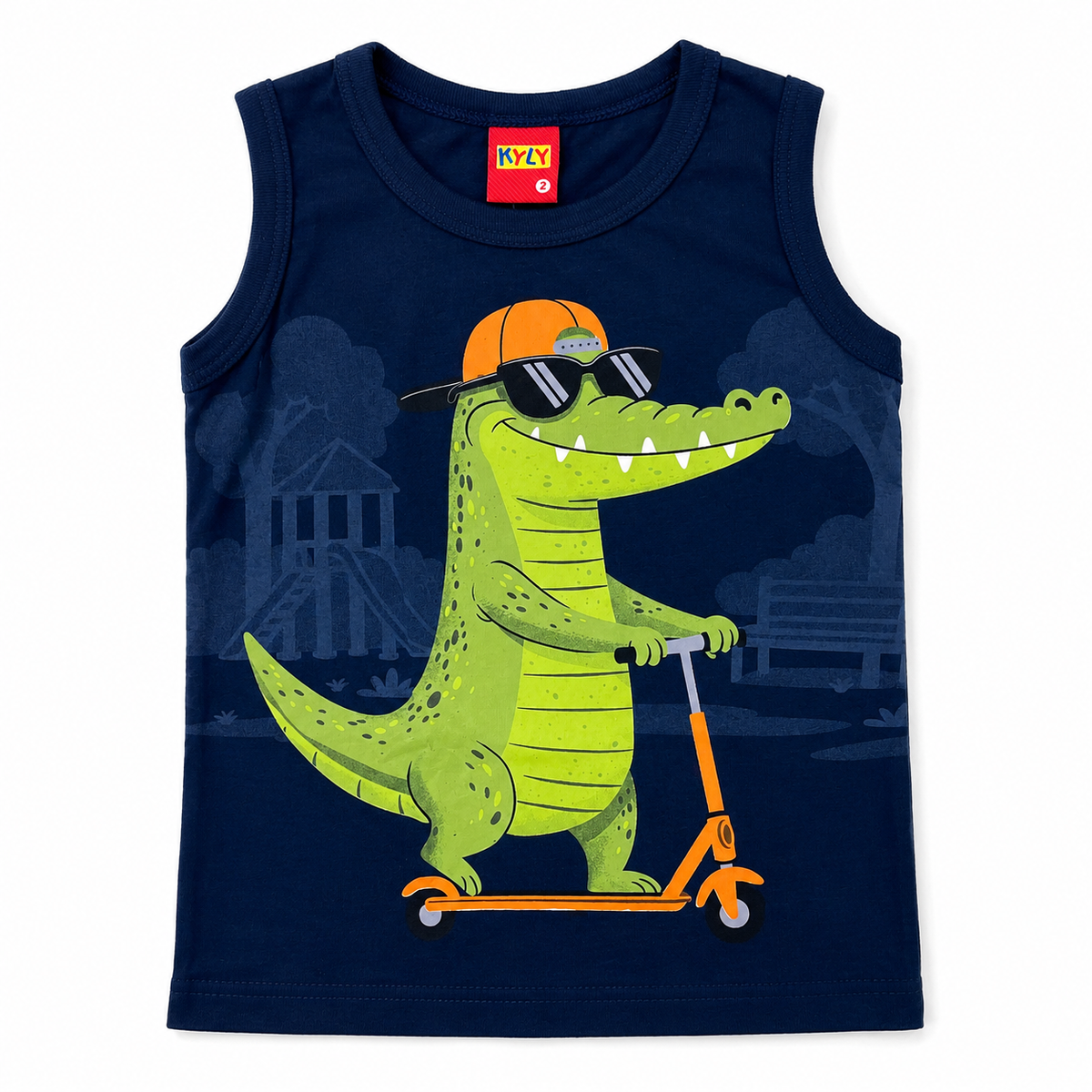 Conjunto Infantil Masculino Kyly Jacaré no Patinete Regata e Bermuda