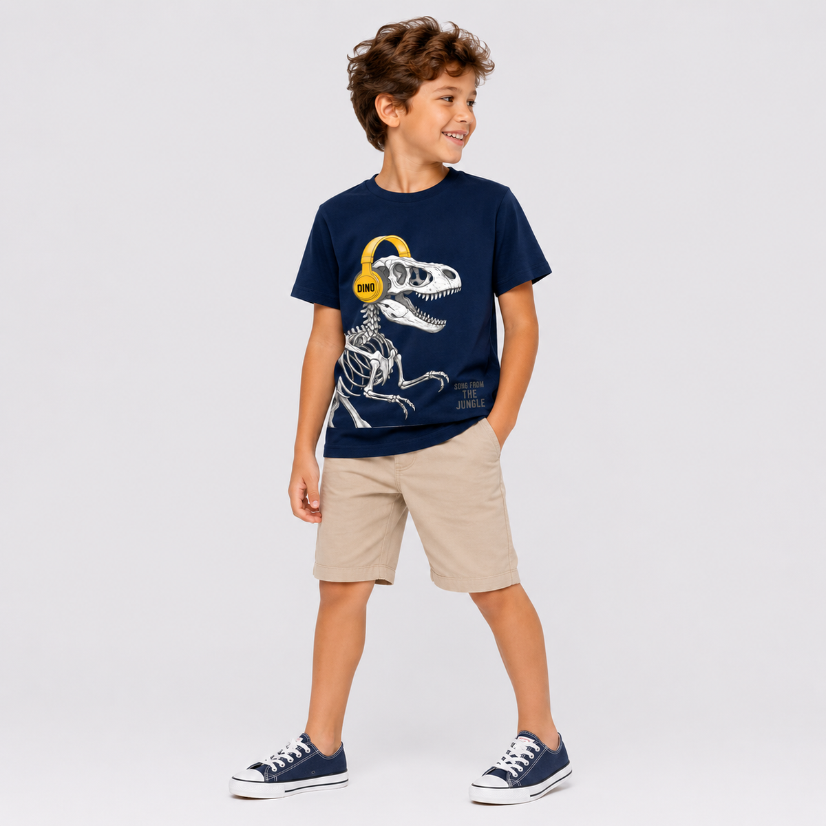 Camiseta Manga Longa Masculina Kyly Dino de Fone Infantil