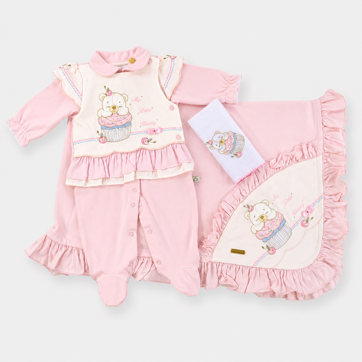 Saída de Maternidade Feminina Pipoquinhas Baby Suedine Ursa Cupcake 3 Peças
