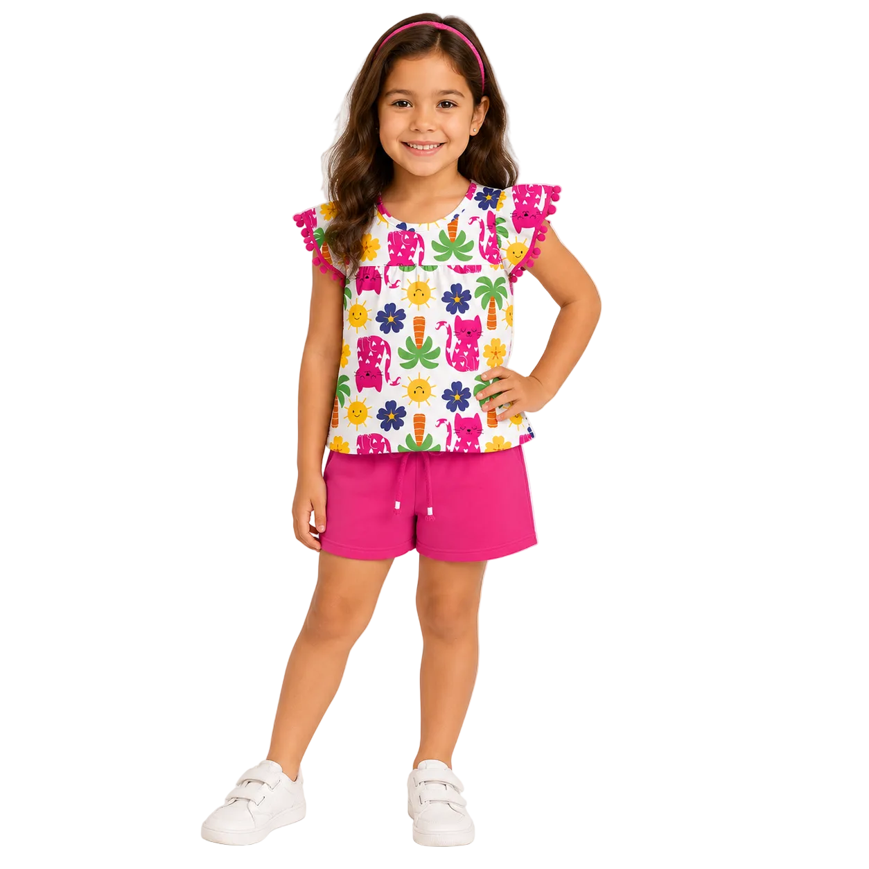 Conjunto Infantil Feminino Kyly Blusa Tropical Gatinhas e Short