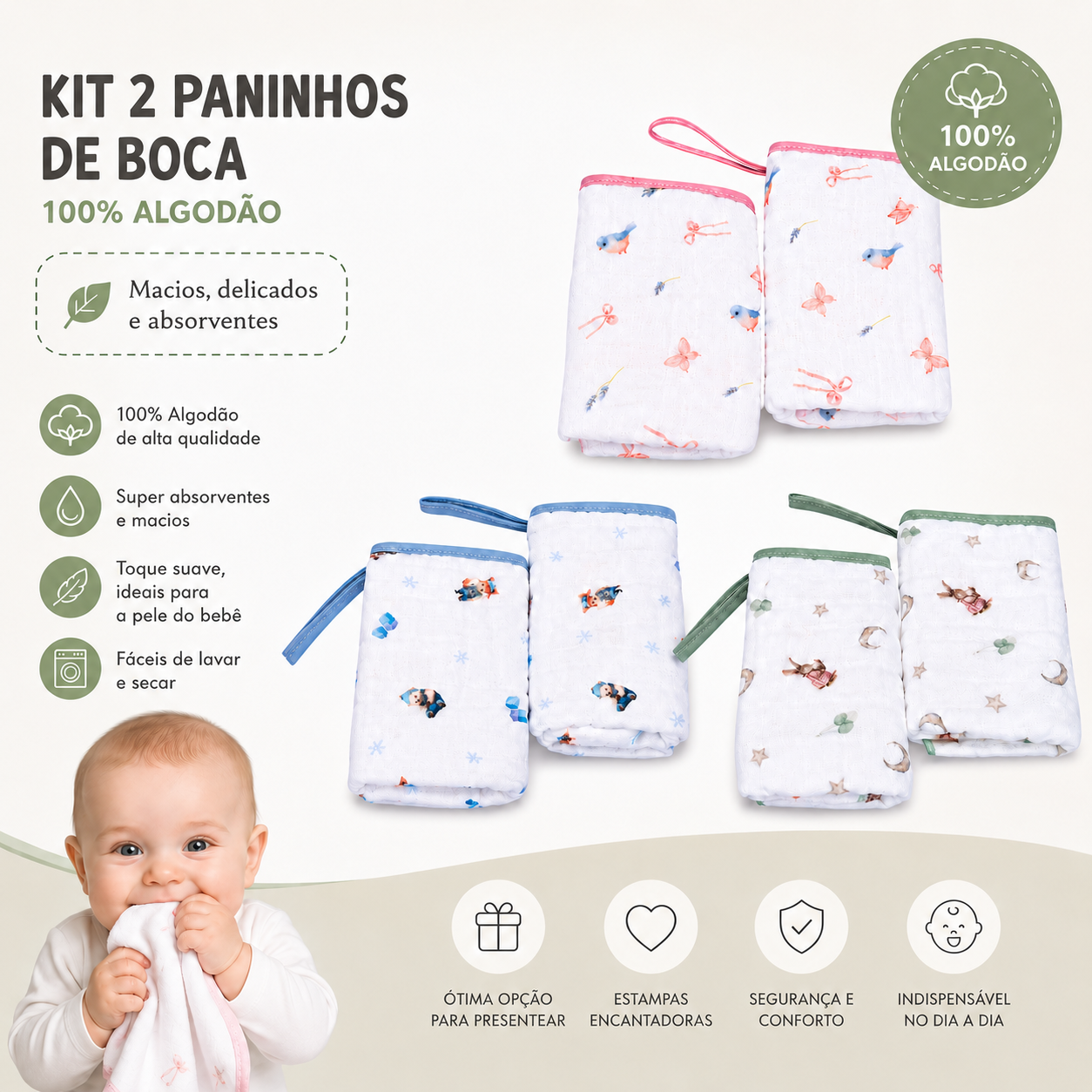 Kit Paninho de Boca Bebê Soft Muito Mimo com Prendedor de Chupeta 2 Pçs