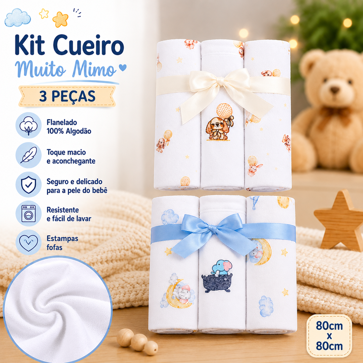 Kit Cueiro de Bebê Flanelado Muito Mimo Bichinhos 3 Peças 80x80cm