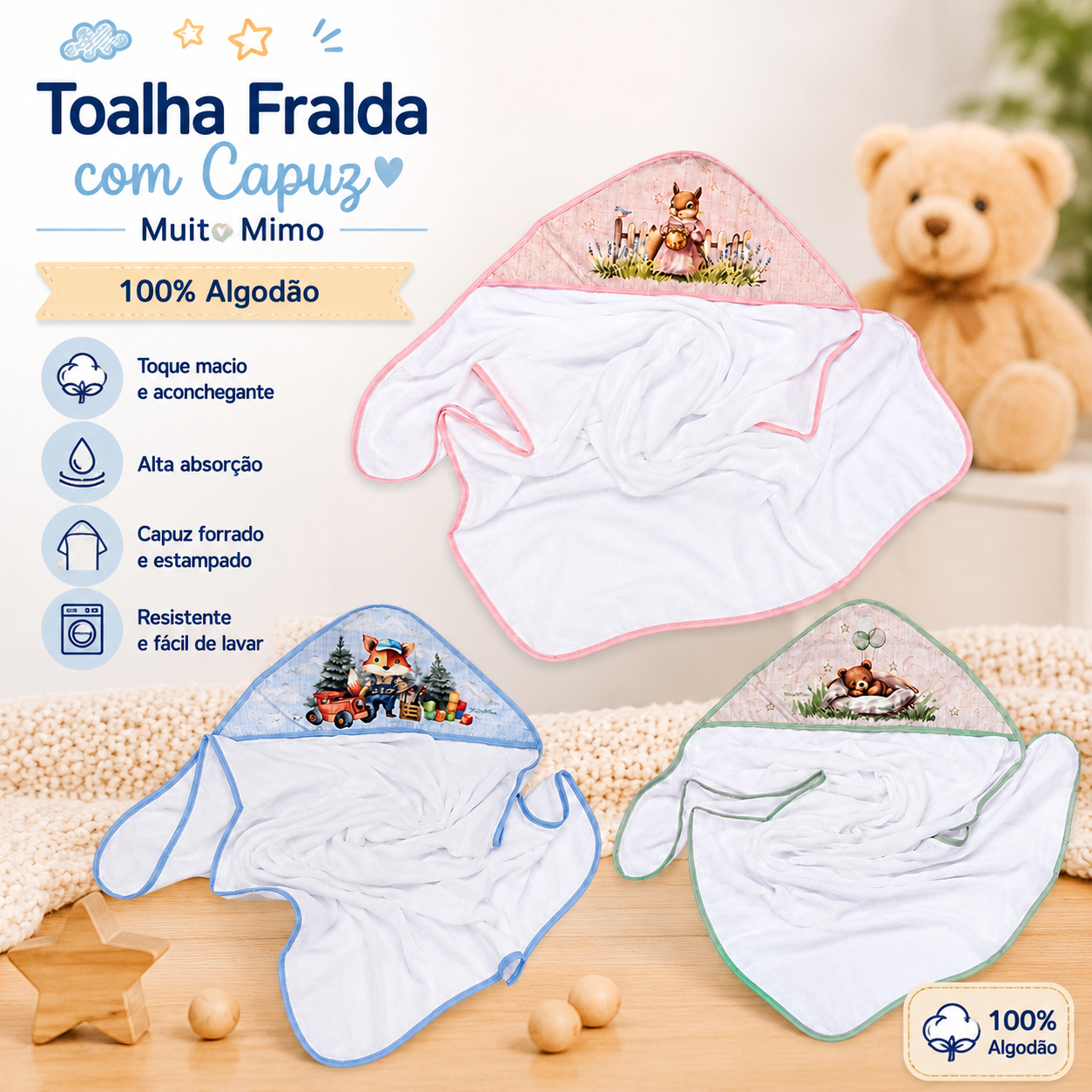 Toalha Fralda de Bebê com Capuz Estampado Muito Mimo 100% Algodão