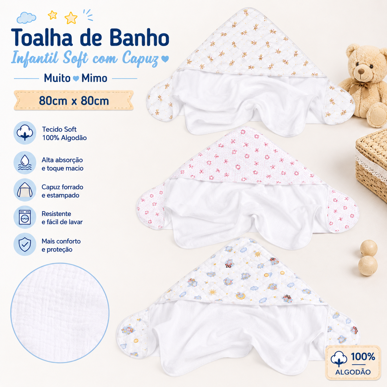 Toalha de Banho Infantil Soft com Capuz Muito Mimo 80x80cm