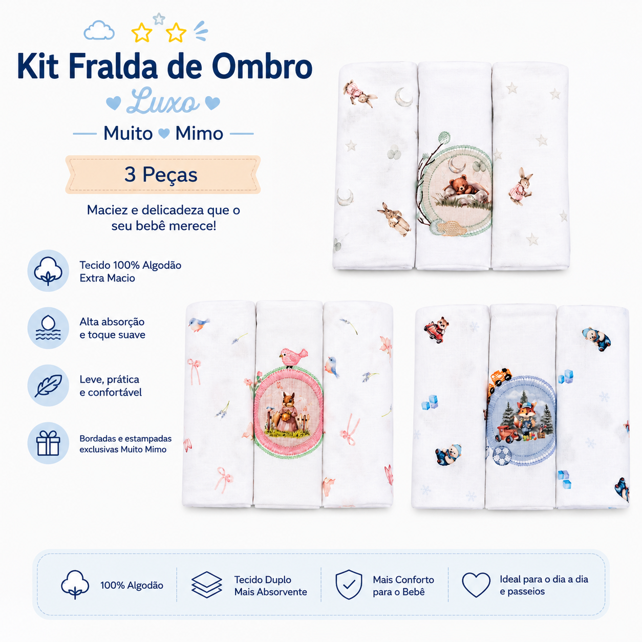 Kit Fralda de Ombro Luxo Muito Mimo Bordada e Estampada 3 Peças